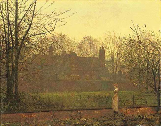 landscape with big house, autumnal colours and woman standing lower right