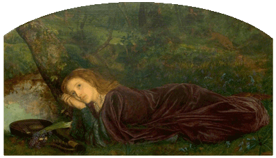 Victorian painting of young lady lying in wood, head in hands, contemplative
