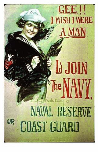 young woman in navel uniform, wishing she were a man, poster