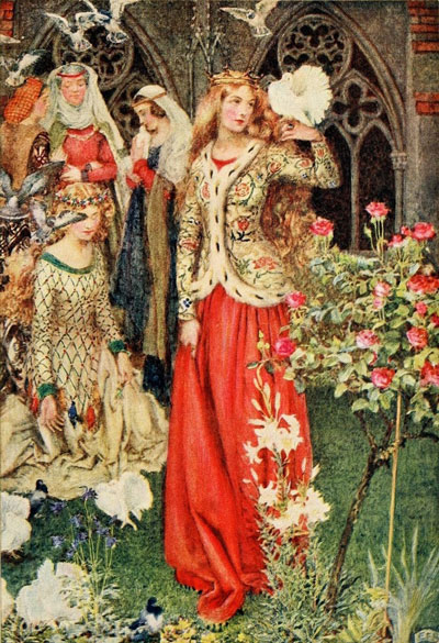 painting shows lady in medival clothing, red skirt