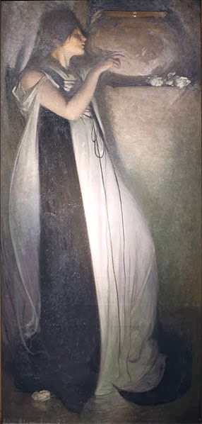 painting of woman in long white gown, with pot