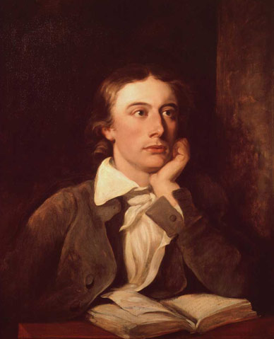 portrait of young Regency man, the poet John Keats, chin resting on hand, with book