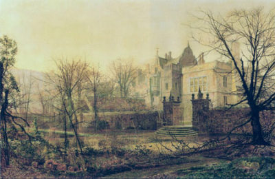 painting of old mansion and garden in winter