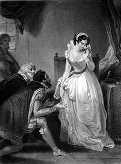 Tudor styled young woman, Lady Jane Grey, in long gown, man kneeling