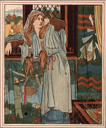 illustration of woman in medieval garb, at loom, standing