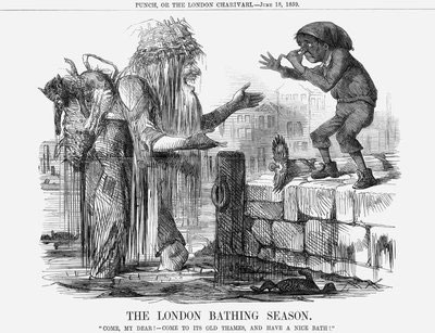 Victorian cartoon of Great Stink, holding noses etc