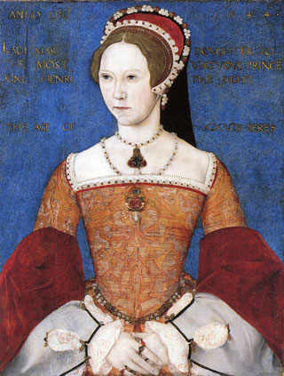 a young Tudor woman in orange-red bodice and french hood, the princess Mary Tudor