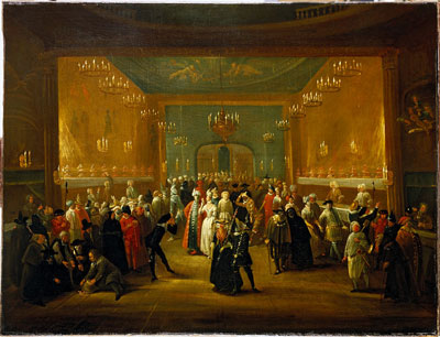 old painting of an18th-century masquarade, gathering in theatre