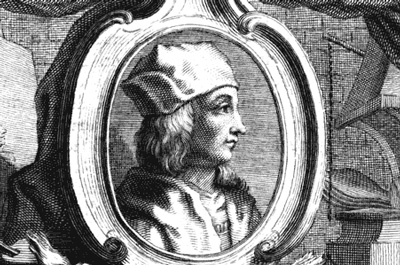 old engraving, black and white of the painter Quentin Metsys, in profile, long hair