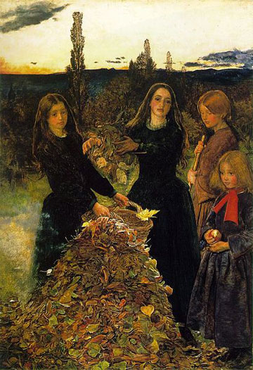 painting of four young Victorian women around pile of autumn leaves
