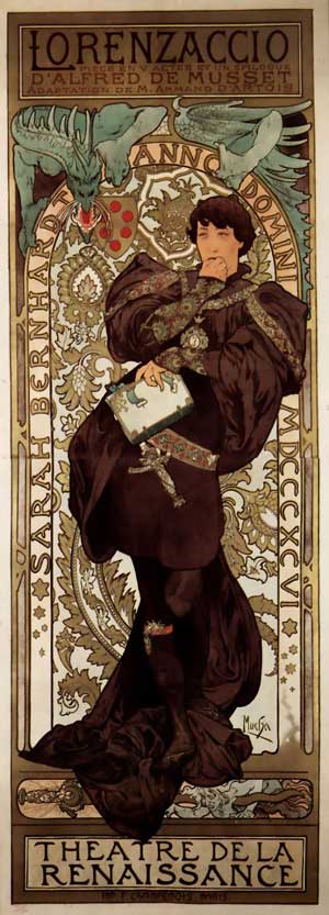 art nouveau style poster with woman, tall, in brown