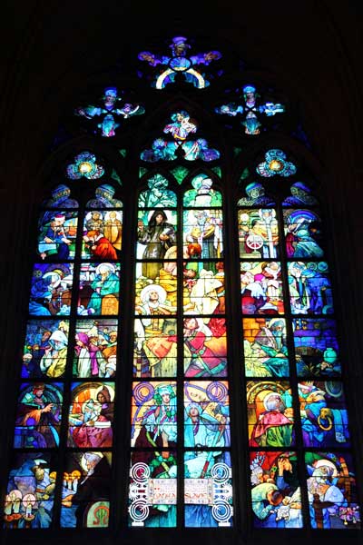 tall, stained-glass window from St.Vitus Cathedral