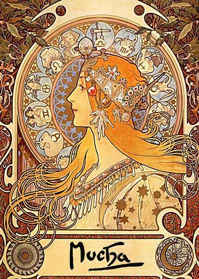 art nouveau poster shows woman in profile, golden colours