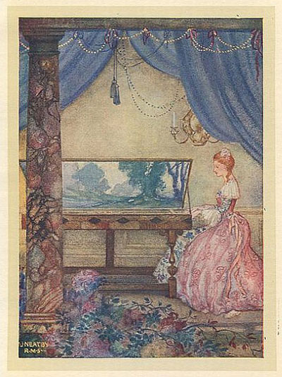 delicate watercolour illustration shows Victorian lady seated near keyboard instrument