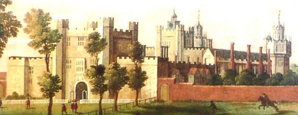 old painting of Tudor Nonsuch Palace, with towers and long approach
