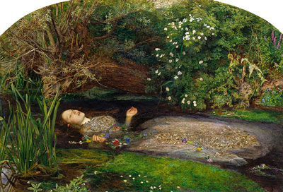 Pre-Raphaelite painting of Ophelia, young woman in water