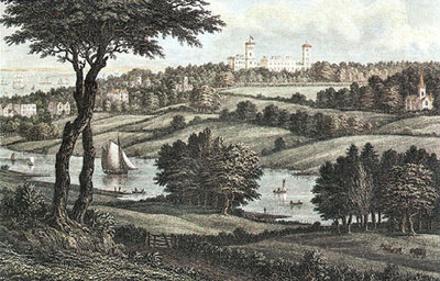 river landscape with large building, Oborne House, in distance high up