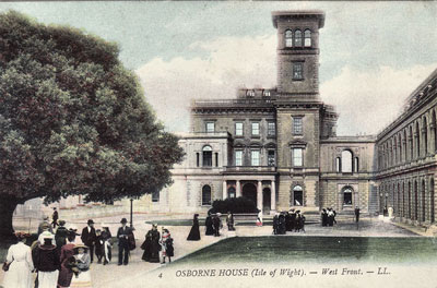 large, Italianate house with tower, Osborne House, with visitors and lawns