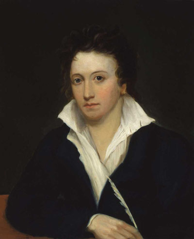 young poet, Shelley, with quill, white shirt