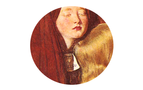 close detail from painting, face of young woman with label 'pity the blind'