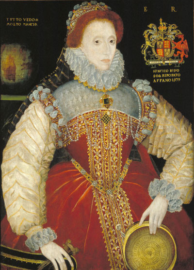 Elizabeth I portrait, with sieve, in scarlet and cream gown, with ruff