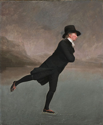 painting of man skating on ice in black period clothing of a minister