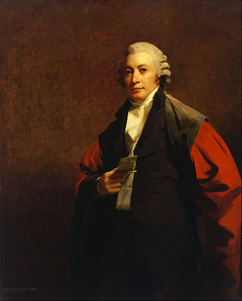 elderly Georgian-era man in judge's wig with red cloak
