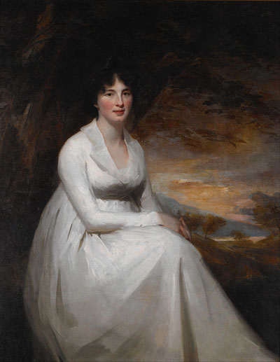 portrait of 18th century English lady in white dress, seated in outdoor setting