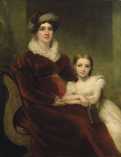 Georgian-era lady in red dress with grandaughter nearby in white