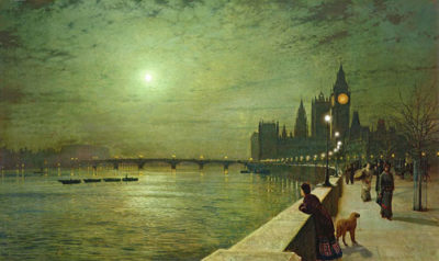 paiting of Victorian river Thames, with Parliament, moonlit