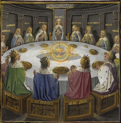 old depiction of the knights of the round table seated
