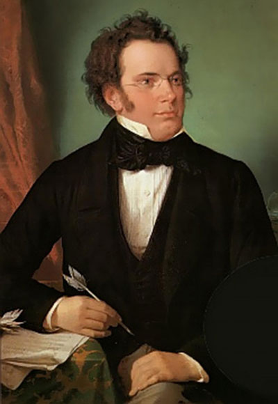 man in 19th century style, black clothing, rimless spectacles, the composer Schubert