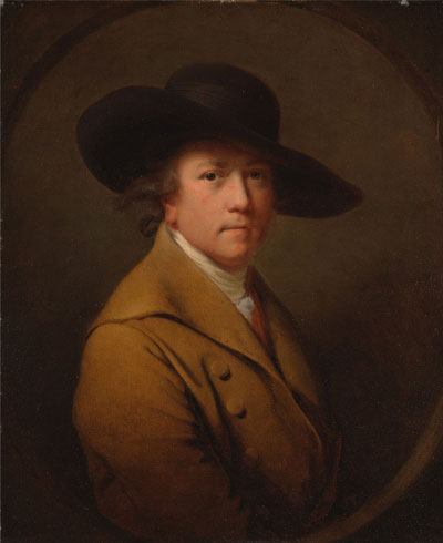 portrait of Georgian-era gentleman in large hat, brown coat