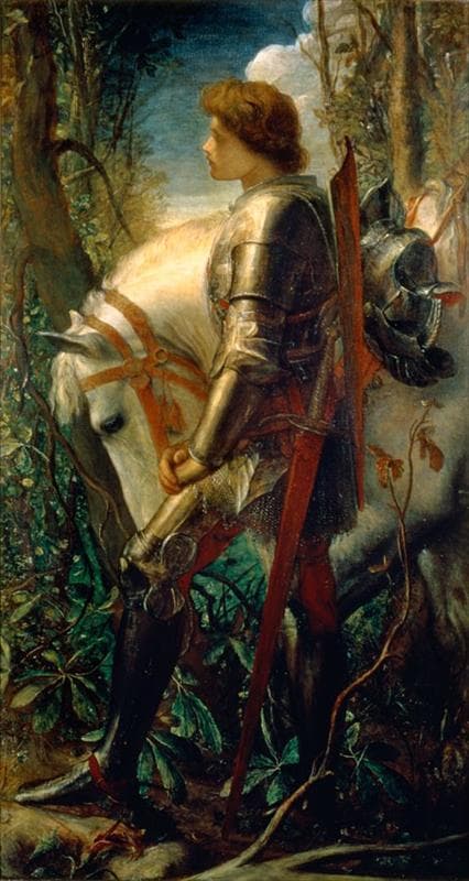painting of knight stranding by horse, white, in woodland setting