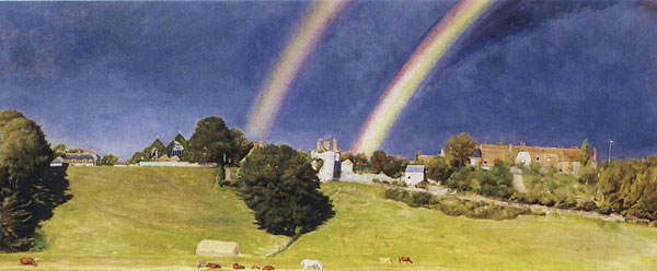 Detail from Millais painting - the background, the village of Winchelsea, rooftops and church, with rainbow