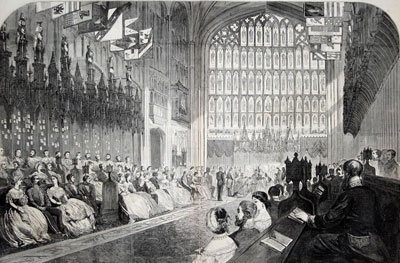 interior of great chapel, Windsor castle, many people seated, ceremonial