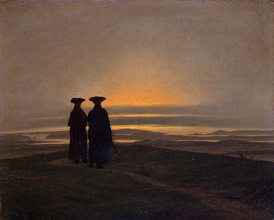 painting of two figures watching sunset, similar clothing style, 18th century