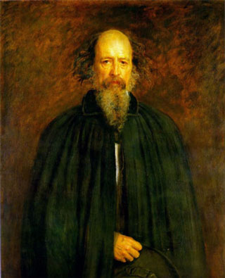 full-length portrait of elderly Victorian gentleman, the poet Tennyson, with cloak
