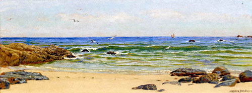 painting of sea with rolling waves and sunshine