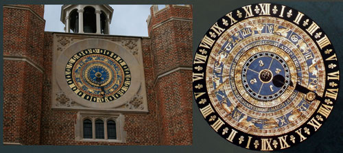 double image of old clock face at Hampton Court, astronomical style