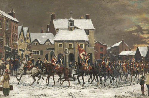 Painting shows Jacobite army, many on horseback, entering small town square. Snow, dark skies.