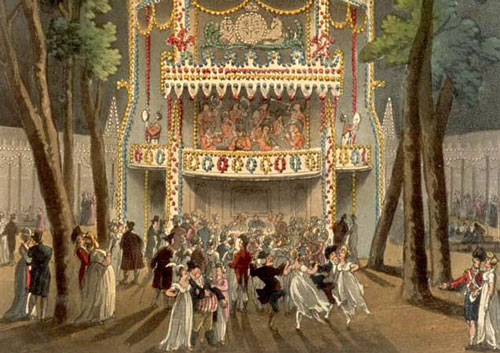 old illustration of bandstand in Vauxhall Gardens in Regency times