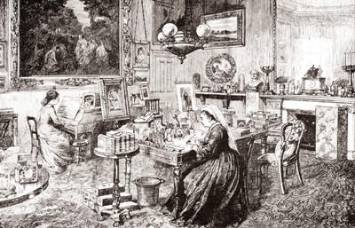 old illustration of Victorian drawing room, with lady writing, the Queen