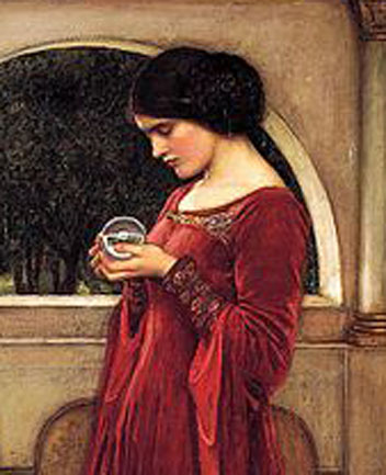 painting of young woman in red dress gazing at crystal ball