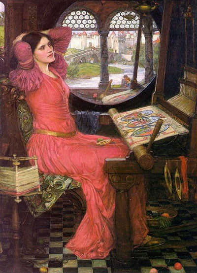 painting of woman seated at loom, red dress, dark hair