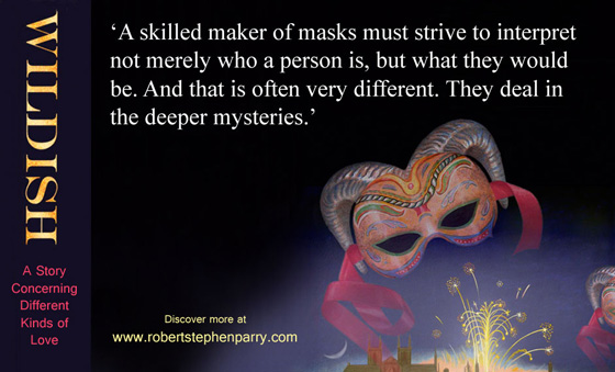 text on dark background, quote from novel, with mask lower right