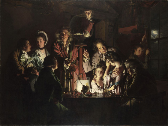 group of 18th century people in dark interior, central light