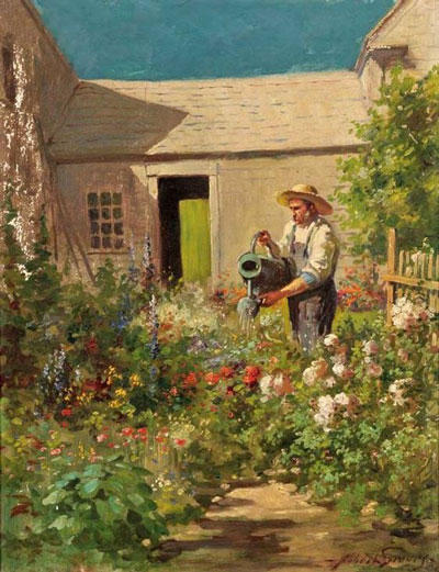 painting of man with watering can in colourful garden, sunny