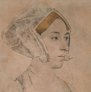 half profile sketch of Tudor woman, gable hood