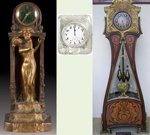 three examples of art neuveau clock design, curvaceous and elegant